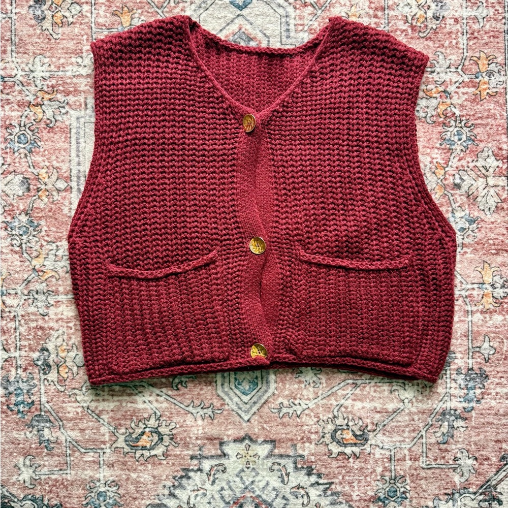 Red Knit Button-Up Vest